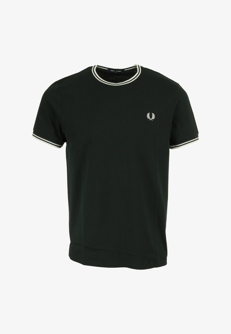 T-shirt verde scuro a maniche corte con colletto a coste e bordo bianco, e un piccolo logo ricamato sul petto. Materiale in cotone.