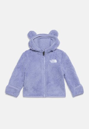 Svetlo vijolična puhasta otroška jakna s kapuco, ki ima medvedja ušesa in zadrgo spredaj, s The North Face logotipom na prsih.