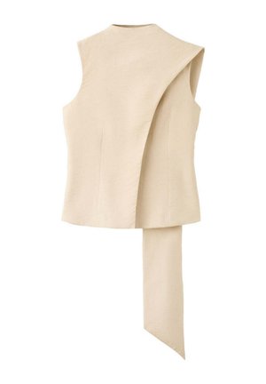 Chaleco beige sin mangas con panel delantero asimétrico y en capas que se extiende en una cola larga y puntiaguda de tela.