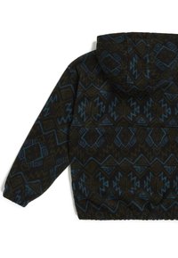 Gevoerde fleece-jas met een zwarte basis en geometrische patronen in blauw en groen. Elastische zoom en manchetten voor een aansluitende stijl.