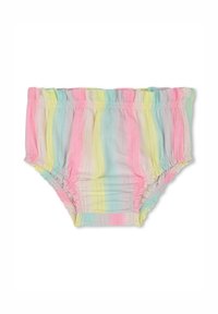 Multi-kleurige bikini broek met pastel strepen in roze, geel en blauw. Ontworpen met een elastische tailleband en geplooide stofstructuur.
