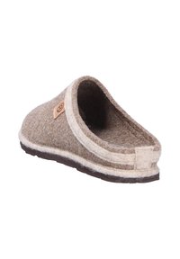 Brown felt slip-on slipper with light trim, open heel, and rubber sole, angled to show inside and back details.