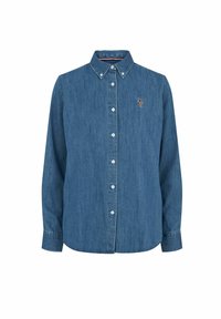 Denim knoop-overhemd in middelblauw, met een klassieke kraag, lange mouwen en een geborduurd accent op de borst.