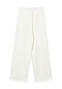 Pantaloni bianchi a gamba larga realizzati in un materiale morbido con una vita elastica, caratterizzati da una superficie liscia e senza motivi o hardware visibili.