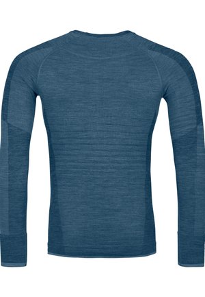 Long-sleeve shirt in dark blue, made of textured fabric. Features a round neck and fitted design, with raglan sleeves and smooth cuffs.