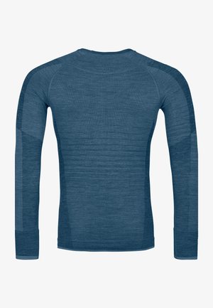 Long-sleeve shirt in dark blue, made of textured fabric. Features a round neck and fitted design, with raglan sleeves and smooth cuffs.
