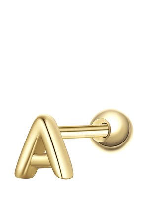 Pendiente metálico de color dorado con forma de la letra mayúscula A, con respaldo redondo y poste recto.