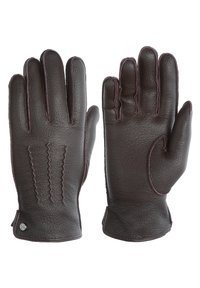 Braune Lederhandschuhe mit einer strukturierten Oberfläche, fünf Finger Design und kontrastierenden Nähten entlang der Nähte. Enthält ein Knopfdetail.