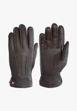 Braune Lederhandschuhe mit einer strukturierten Oberfläche, fünf Finger Design und kontrastierenden Nähten entlang der Nähte. Enthält ein Knopfdetail.
