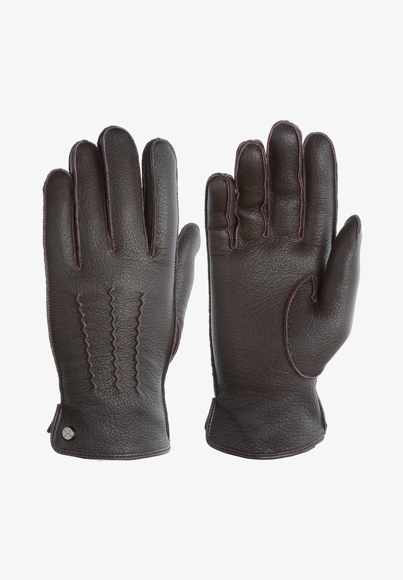 Gants en cuir marron avec une surface texturée, un design à cinq doigts et des coutures contrastantes. Comprend un détail bouton.