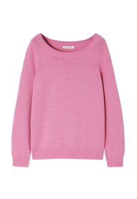 Růžový pletený svetr s širokým výstřihem, ribbované manžety a lem, a dlouhými rukávy. Hladká textura, jednoduchý design bez vzorů.