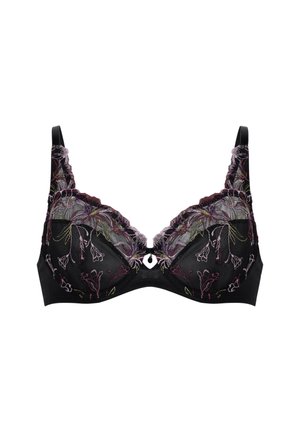 Soutien-gorge noir avec broderies florales dans des teintes de violet, vert et rose. Il présente un bord en dentelle et un détail de trou de serrure décoratif au centre.