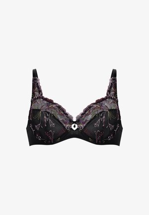 Black bra with floral embroidery in purple, green, and pink hues. Features a lace trim and a decorative keyhole detail at the center.