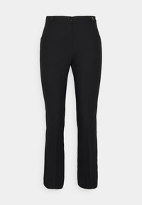 Zwarte op maat gemaakte broek met een recht model, twee voorzakken en twee knopen aan de voorkant bij de taille. Gladde stoftextuur.