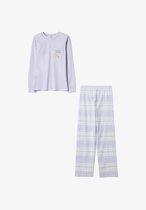 Light purple pajama set featuring a long-sleeve top with a bear graphic and "Bear-ly awake" text, and plaid-patterned pants in matching colors.