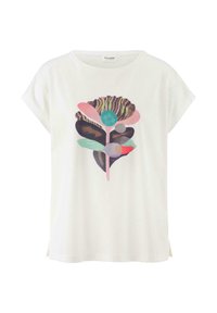 Weißes Baumwoll-T-Shirt mit einem bunten floralen Grafikdesign in Pink, Schwarz und Teal, kurzen Ärmeln und seitlichen Schlitzen.