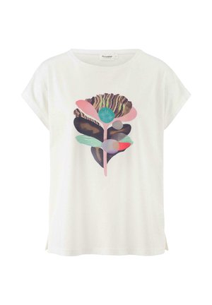 T-shirt bianco in cotone con una grafica floreale colorata caratterizzata da elementi rosa, neri e teal, maniche corte e spacchetti laterali.