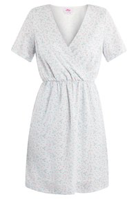 Robe enveloppante bleu clair avec des manches courtes, décolleté en V, taille élastique et motif floral dans des nuances de rose et de vert. Texture de tissu lisse.