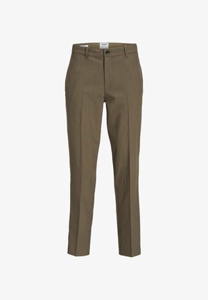 Olijfgroene, rechte broek met een subtiel verticale streep patroon, sluiting met een knoop aan de voorkant en riemlussen. Soepele stofstructuur.