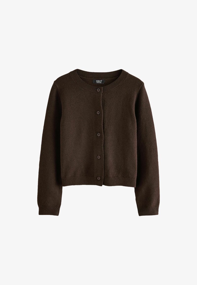 Cardigan di lana marrone scuro, a maniche lunghe, con bottoni, collo rotondo e polsini e orlo a coste, esposto su sfondo bianco.