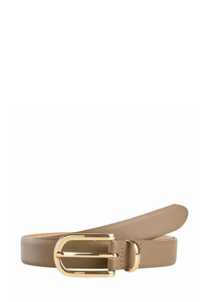 Tan lederen riem met een gladde textuur, voorzien van een rechthoekige gesp in goudkleur en een eenvoudig, strak ontwerp.