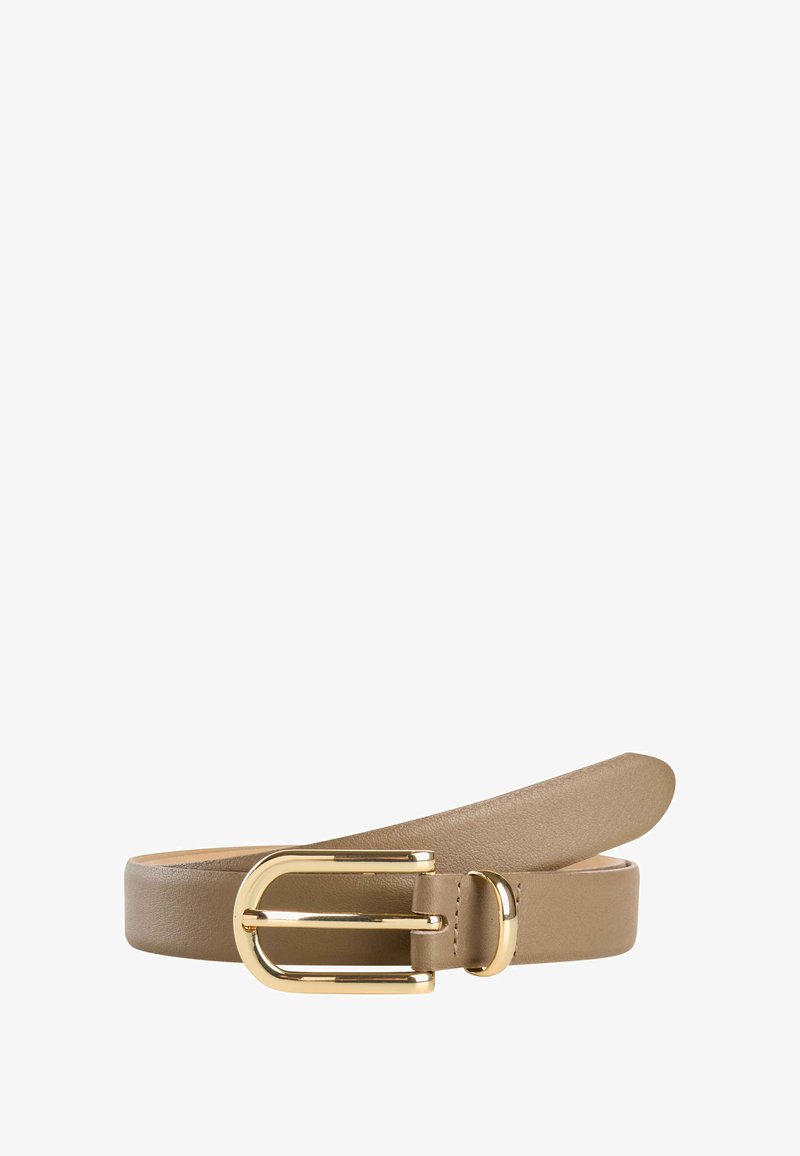 Ceinture en cuir beige avec une texture lisse, dotée d'une boucle rectangulaire dorée et d'un design simple et épuré.