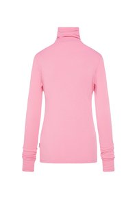 Pink long-sleeve turtleneck shirt with a fitted design and ribbed cuffs. Made from soft, lightweight fabric. Back view displayed.