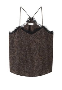 Camisole s leopardím potiskem v tmavě hnědé a černé barvě, s krajkovým lemem u výstřihu a nastavitelnými ramínky. Měkká textilie.