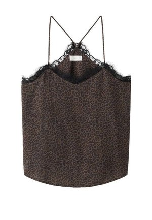 Camisole à imprimé léopard en marron foncé et noir, avec une dentelle au niveau du décolleté et des bretelles spaghetti réglables. Texture de tissu douce.