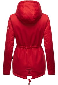 Red outdoor jacket with a hood, drawstring waist, and elastic cuffs. Made of smooth fabric featuring a logo on the upper left sleeve.