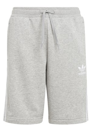 Shorts Adidas gris clair avec taille à cordon, poches latérales, logo blanc sur la jambe gauche et bandes blanches sur les côtés.