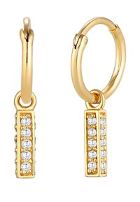 Zlatne naušnice na obruču s pravokutnim privjeskom koji sadrži prozirne, okrugle kristale raspoređene u red na jednoj strani. Glatka završna obrada.