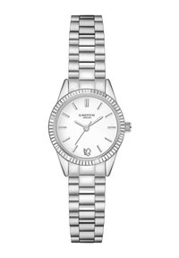 Hõbe käekell valge dials, poleeritud korpus ja tekstuurne raami. Omab metallist käevõru, millel on vahelduvad lihvitud ja läikivad lingid.