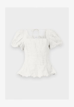 Biela textúrovaná blúzka s nafúknutými rukávmi, štvorcovým výstrihom, priliehavým pásom, zakončením s vlnitým okrajom a tenkou stiahacou šnúrkou na chrbte.