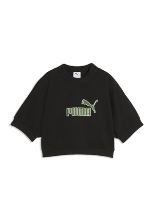 Schwarzes kurzärmliges Sweatshirt mit grünem Puma-Logo und springendem Katzen-Emblem vorne.