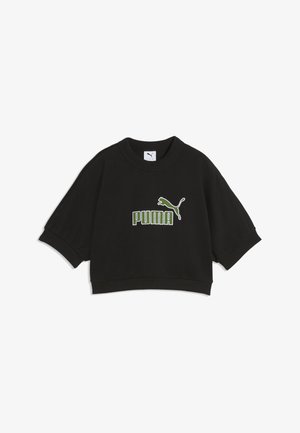 Sweat-shirt court noir à manches courtes avec logo Puma vert et emblème de chat sautant sur le devant.