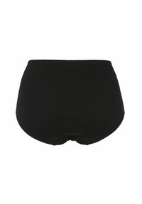 Svarta ribbade högmidjade underkläder med en slät elastisk midja och rundad bakdel, med subtila sömnadsdetaljer.