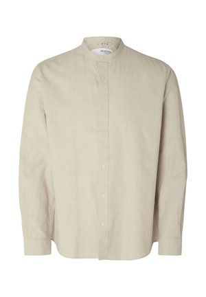 Svijetlo bež lanena košulja s visokom kragnom, punim kopčanjem sprijeda, dugim rukavima i opuštenim krojem. Minimalistički dizajn, teksturirana tkanina.