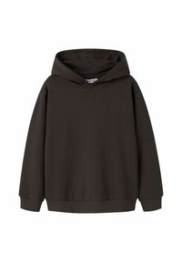 Sudadera de color marrón oscuro, de manga larga, hecha de algodón suave. Presenta una capucha amplia y puños acanalados. Diseño simple y relajado sin patrones.