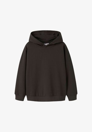 Hoodie marron foncé à manches longues en coton doux. Doté d'une capuche spacieuse et de poignets côtelés. Design simple et décontracté sans motifs.