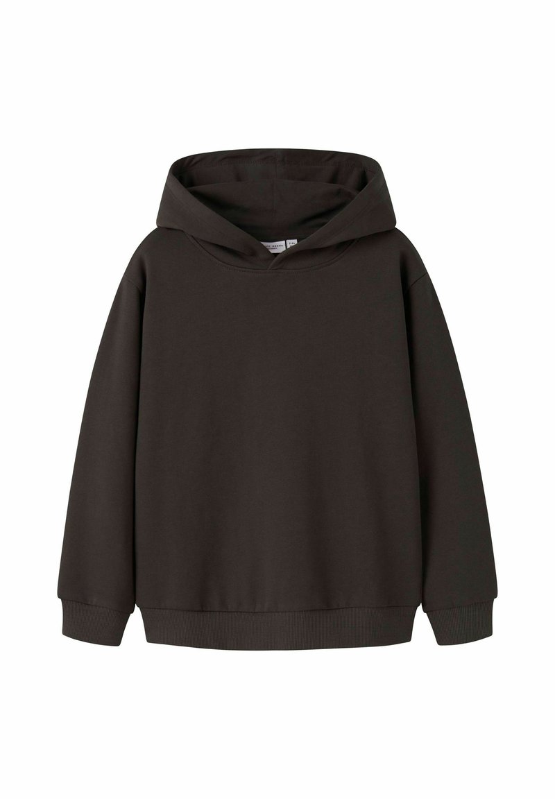 Sudadera de color marrón oscuro, de manga larga, hecha de algodón suave. Presenta una capucha amplia y puños acanalados. Diseño simple y relajado sin patrones.