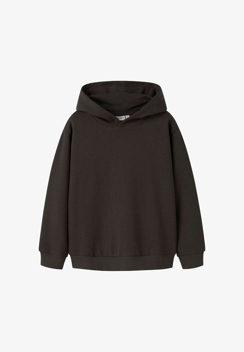 Sudadera de color marrón oscuro, de manga larga, hecha de algodón suave. Presenta una capucha amplia y puños acanalados. Diseño simple y relajado sin patrones.