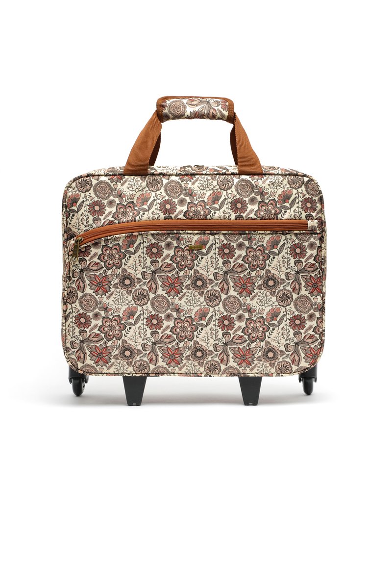 Rolltasche mit floralen Mustern in Creme- und Rosttönen; verfügt über einen oberen Griff und eine mit Reißverschluss verschlossene Fronttasche; stabile schwarze Räder.