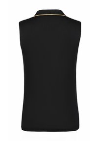 Zwarte mouwloze poloshirt met een klassiek ontwerp, voorzien van een contrasterende gouden bies langs de kraag en een zachte, gestructureerde stof.
