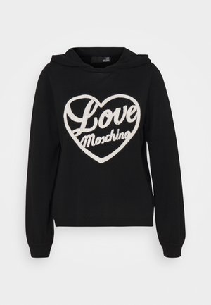 Czarna bluza z kapturem z długim rękawem z białym logo "Love Moschino" w kształcie serca umieszczonym na środku z przodu.