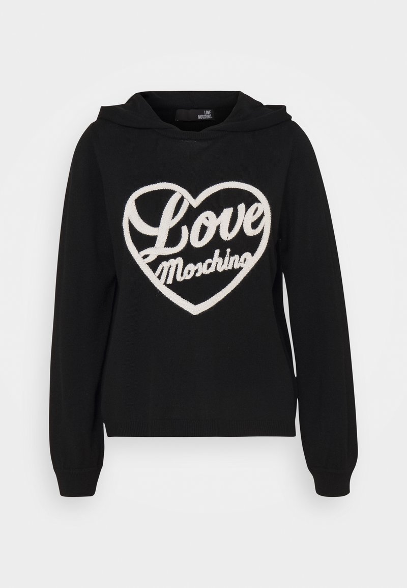 Sweat à capuche noir à manches longues avec logo "Love Moschino" blanc en forme de cœur centré sur le devant.