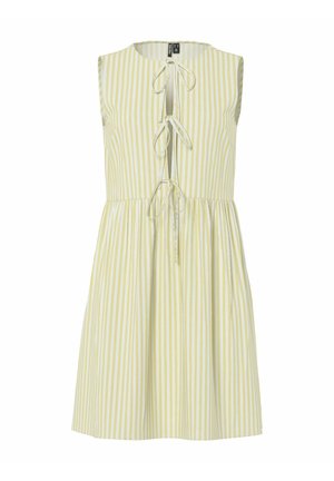 Rochie fără mâneci, cu dungi verticale galbene și albe, cu trei închideri cu șnur în față și talie adunată.