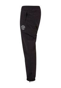 Pantaloni de jogger negri din material ușor. Au un brâu elastic, buzunare laterale și o etichetă cu logo rotund pe coapsă.