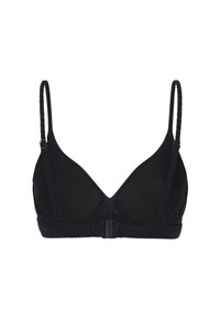 Reggiseno triangolare nero con spalline regolabili, design della coppa liscio e fascia testurizzata. Hardware in metallo semplice al centro davanti.