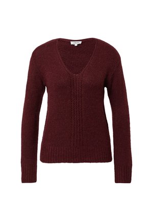 Maglione lavorato a maglia bordeaux a maniche lunghe con scollo a V e polsini e orlo a costine, caratterizzato da un motivo verticale testurizzato sulla parte anteriore.
